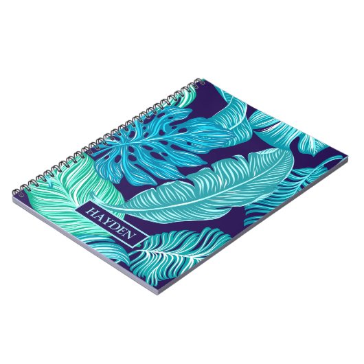 Tropical Green Blue Leaves Pattern Personalised ノートブック (左側)