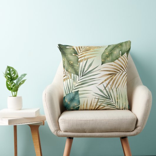 Tropical Green & Gold Leaves Decorative Pillow  クッション (椅子)