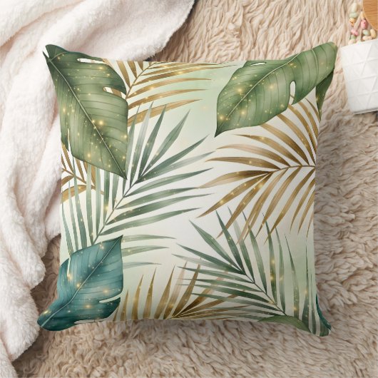 Tropical Green & Gold Leaves Decorative Pillow  クッション (ブランケット)