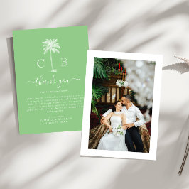 Tropical Green Palm Initials Photo Wedding  サンキューカード
