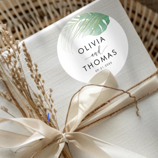 Tropical Green Palm Leaf Wedding Favor  ラウンドシール