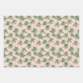 Tropical Green Palm Trees on Pink ラッピングペーパーシート