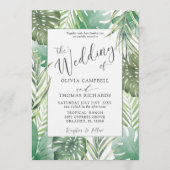 Tropical Green Watercolor Palm Wedding 招待状 (正面)