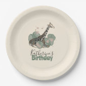Tropical Greenery Giraffe Animal Birthday Party ペーパープレート (正面)