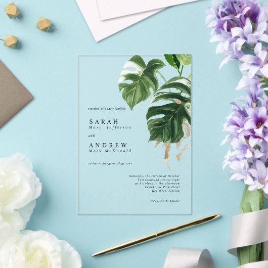 Tropical Greenery Leaves Modern Minimal Wedding アクリル招待状 (インサイチュ (ウェディング))