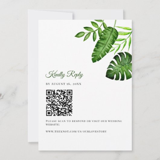 Tropical Greenery Wedding QR Code RSVP Botanical 招待状 (裏面)