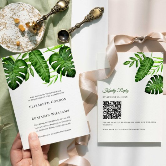 Tropical Greenery Wedding QR Code RSVP Botanical 招待状