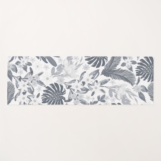 Tropical Grey Foliage Floral White Pattern ヨガマット (正面(横))
