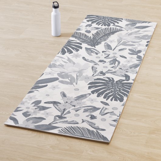Tropical Grey Foliage Floral White Pattern ヨガマット (インサイチュ)