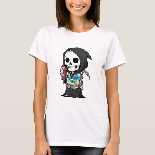 Tropical Grim Treats – Playful Skeleton Cartoon Tシャツ (正面)