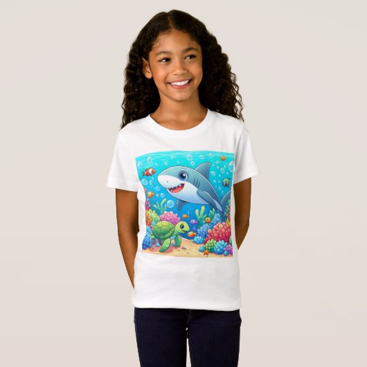Tropical/Hawaii colorful underwater shark & turtle Tシャツ (正面フル)