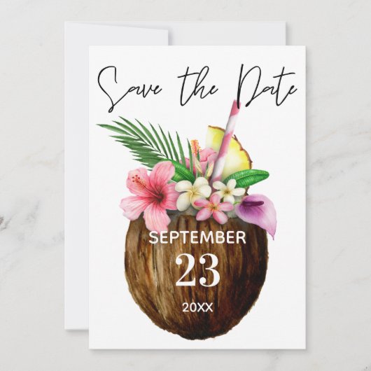 Tropical Hawaiian Floral & Coconut Save the Date セーブザデート (正面)
