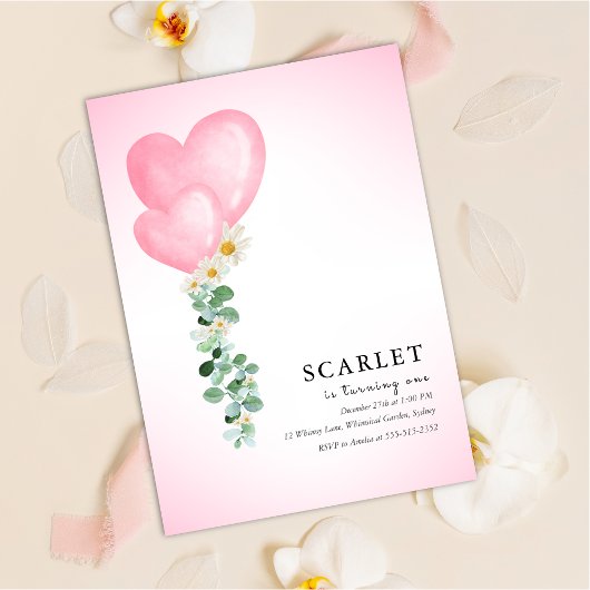 Tropical hearts balloons simple first birthday   招待状