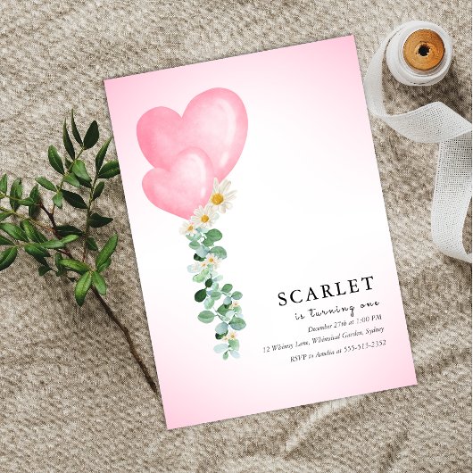 Tropical hearts balloons simple first birthday   招待状