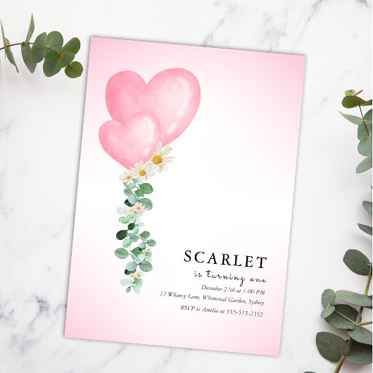 Tropical hearts balloons simple first birthday   招待状