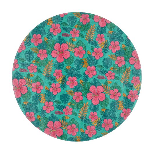 Tropical Hibiscus and Palm Leaf Pattern  カッティングボード (正面)