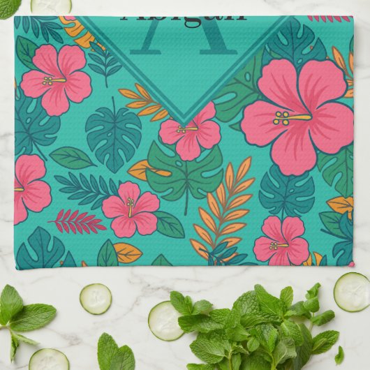 Tropical Hibiscus and Palm Leaf Pattern  キッチンタオル (折り畳み)