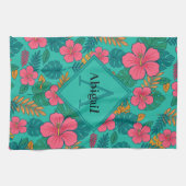 Tropical Hibiscus and Palm Leaf Pattern キッチンタオル (横)