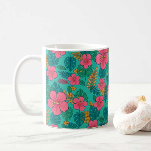 Tropical Hibiscus and Palm Leaf Pattern  コーヒーマグカップ (ドーナツ)
