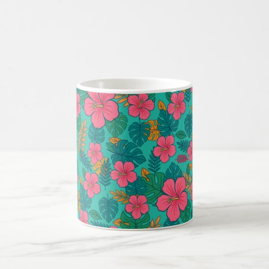 Tropical Hibiscus and Palm Leaf Pattern  コーヒーマグカップ (中央)
