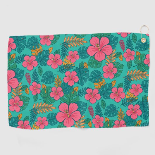Tropical Hibiscus and Palm Leaf Pattern  ゴルフタオル (横)