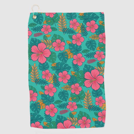 Tropical Hibiscus and Palm Leaf Pattern  ゴルフタオル (正面)