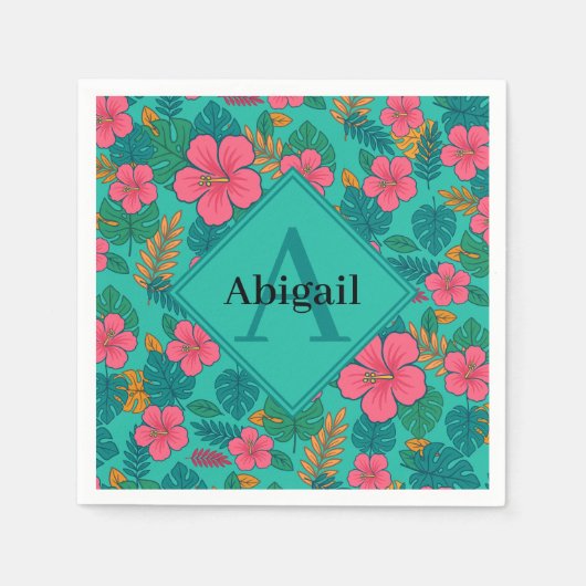 Tropical Hibiscus and Palm Leaf Pattern スタンダードカクテルナプキン (正面)