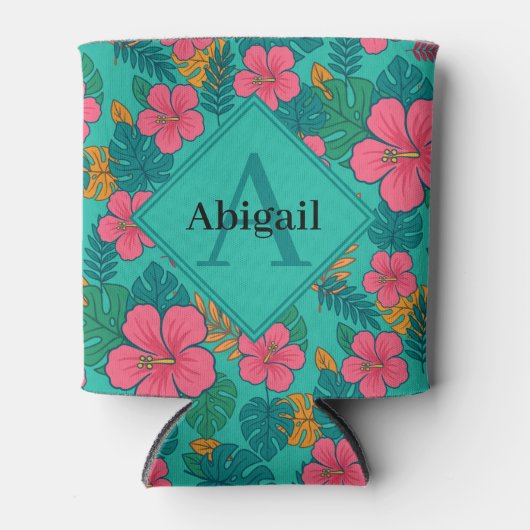 Tropical Hibiscus and Palm Leaf Pattern 缶クーラー (正面)