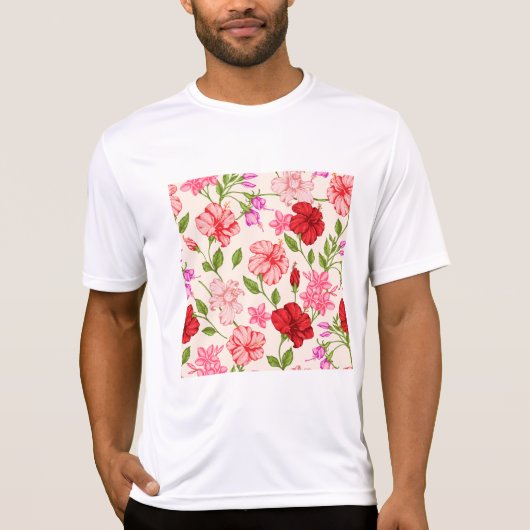 Tropical Hibiscus and Plumeria Floral Pattern Tシャツ (正面)