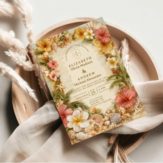 Tropical Hibiscus Beach Botanical Wedding 招待状