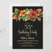 Tropical Hibiscus Floral Black 55th Birthday Party 招待状 (正面)