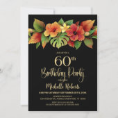 Tropical Hibiscus Floral Black 60th Birthday Party 招待状 (正面)