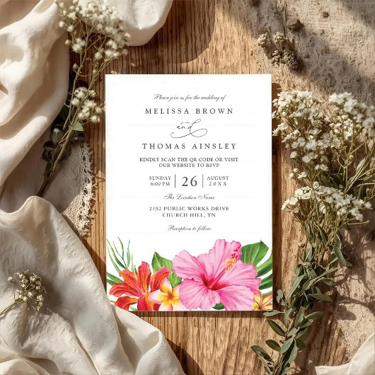 Tropical Hibiscus Floral Elegant QR Code Wedding 招待状