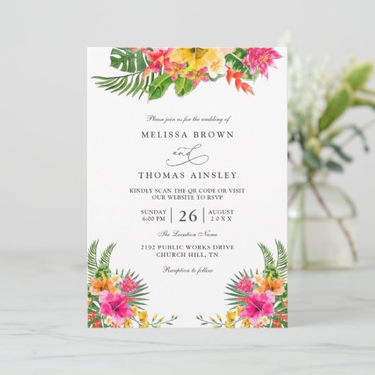 Tropical Hibiscus Floral Elegant QR Code Wedding 招待状 (スタンド正面)
