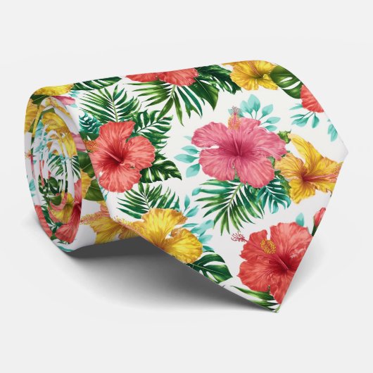 Tropical Hibiscus Floral Pattern ネクタイ (ロール)