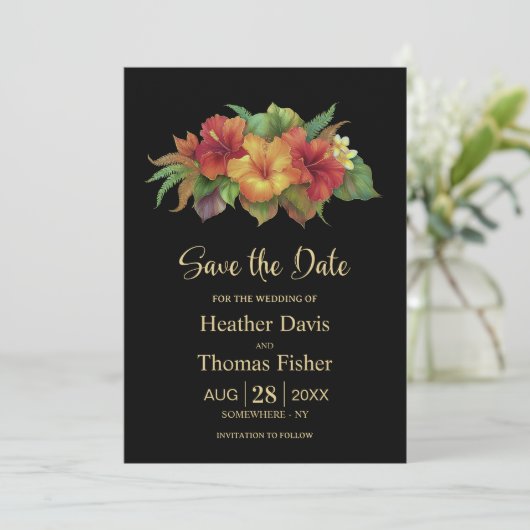 Tropical Hibiscus Floral Wedding Save the Date 招待状 (スタンド正面)