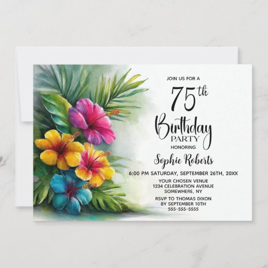 Tropical Hibiscus Flowers 75th Birthday Party 招待状 (正面)