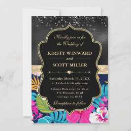 Tropical Hibiscus Glitter Wedding 招待状