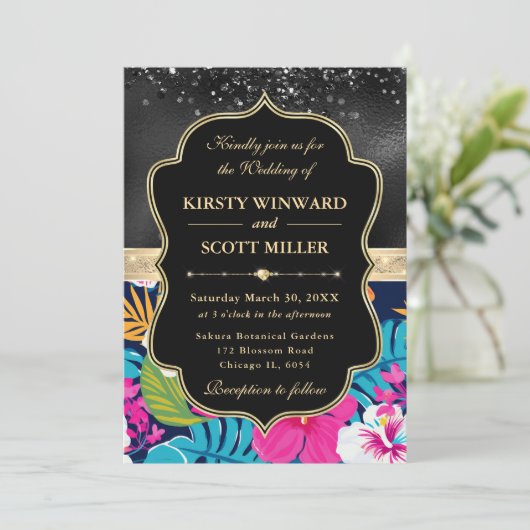 Tropical Hibiscus Glitter Wedding 招待状 (スタンド正面)