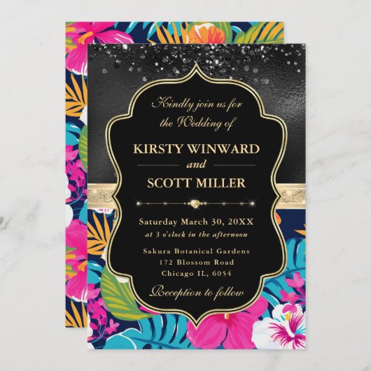 Tropical Hibiscus Glitter Wedding 招待状 (正面/裏面)