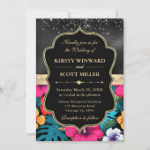 Tropical Hibiscus Glitter Wedding 招待状 (正面)