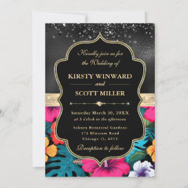 Tropical Hibiscus Glitter Wedding 招待状