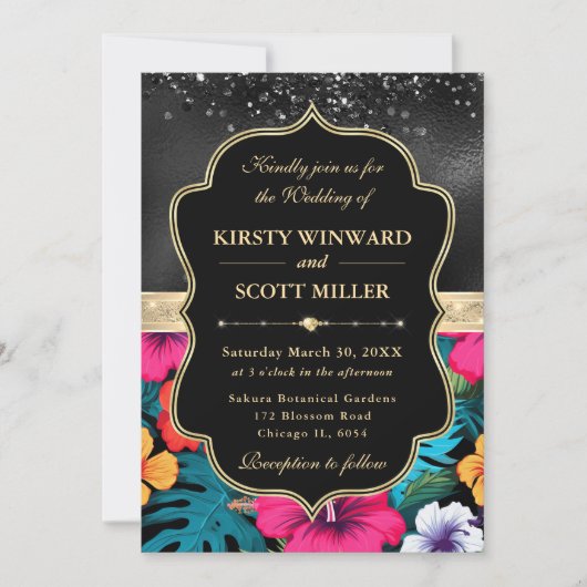 Tropical Hibiscus Glitter Wedding 招待状 (正面)