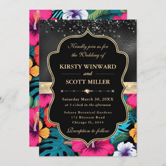Tropical Hibiscus Glitter Wedding 招待状 (正面/裏面)