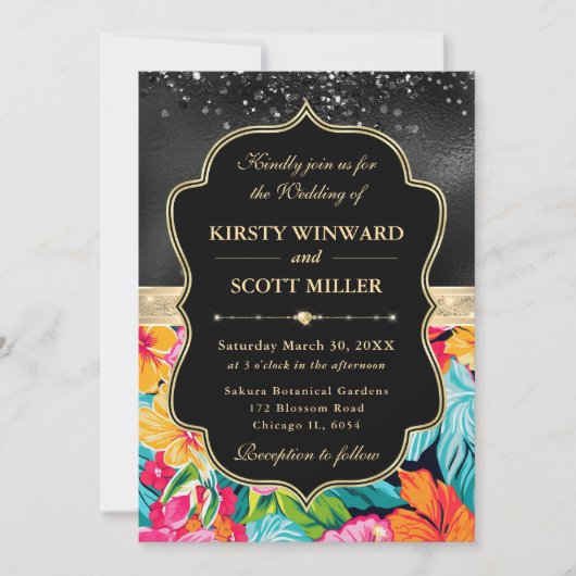 Tropical Hibiscus Glitter Wedding 招待状 (正面)