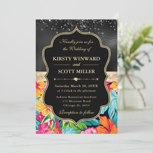 Tropical Hibiscus Glitter Wedding 招待状 (スタンド正面)