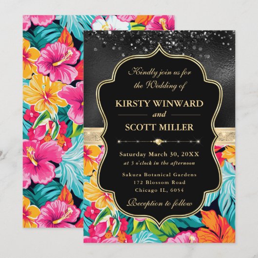 Tropical Hibiscus Glitter Wedding 招待状 (正面/裏面)