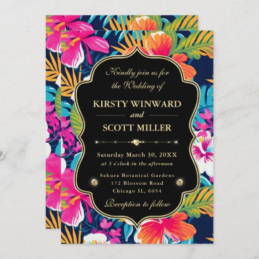 Tropical Hibiscus Gold Wedding 招待状 (正面/裏面)