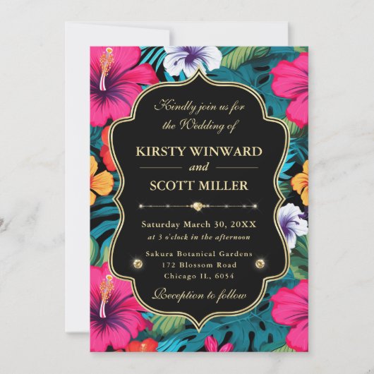 Tropical Hibiscus Gold Wedding 招待状 (正面)