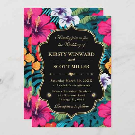 Tropical Hibiscus Gold Wedding 招待状 (正面/裏面)